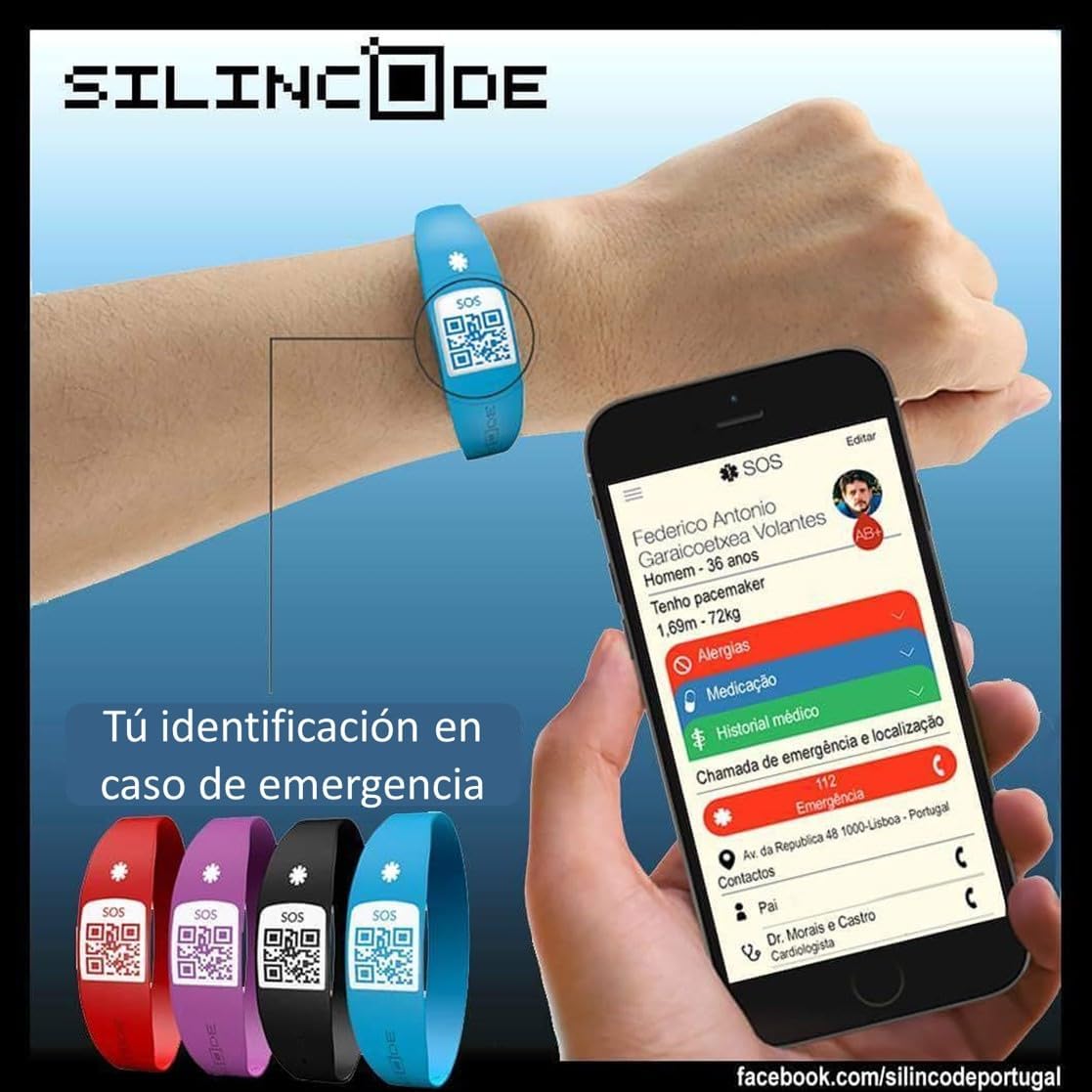 Silincode Qr SOS Silicone Wristband Emergency Aid Medical Aid Healthcare Identification Medical History Health Status Contacts Reports Alarm (M, Black)